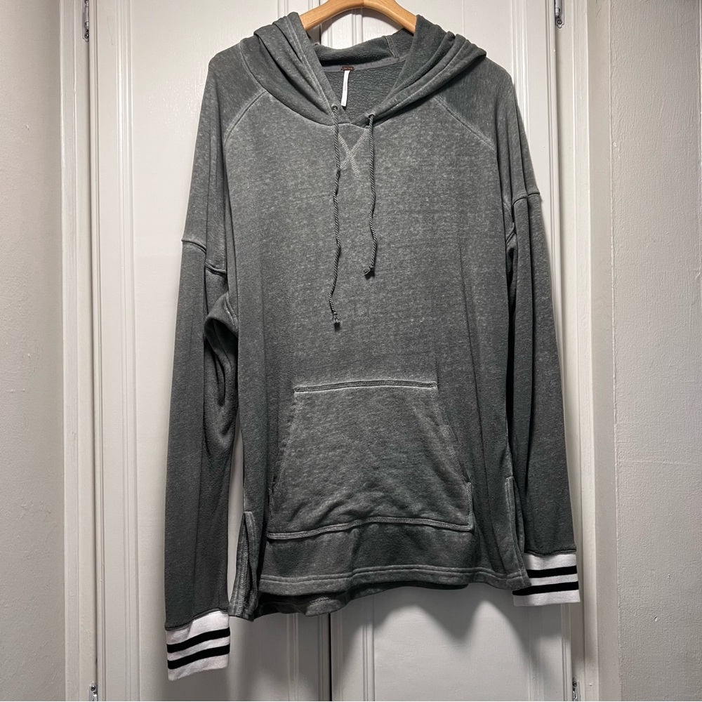 Free People Gray Hoodie Striped Cuffs Lightweight Casual Beach Size Large Terry
